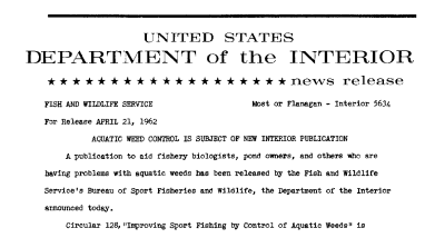 Aquatic Weed Control Is Subjectf New Interior Publication--April 21, 1962