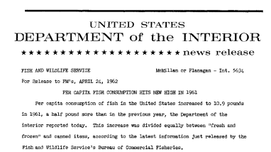 Per Capita Fish Consumption Hits New High in 1961--April 24, 1962