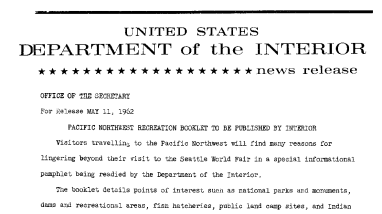 Pacific Northwest Recreation Booklet to Be Published by Interior--May 11, 1962