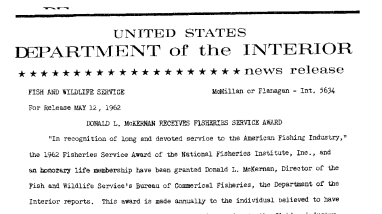 Donald L. Mckerman Receives Fisheries Service Award--May 12, 1962