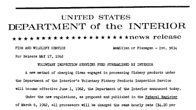 Voluntary Inspection Services Fees Streamlined by Interior--May 17, 1962