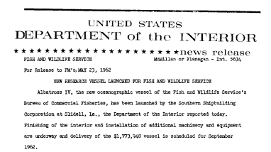 New Research Vessel Launched for Fish and Wildlife Service--May 23, 1962