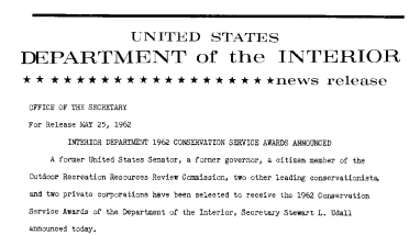 Interior Department 1962 Conservation Service Awards Announced--May 25 , 1962