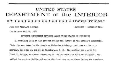 Interior Department Advisory Group Views Status of Fisheries--May 29, 1962