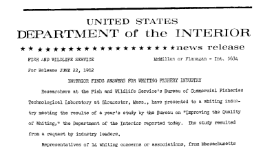 Interior Finds Answers for Whiting Fishery Industry--June 22, 1962