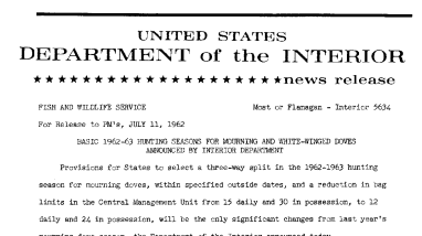 Basic 1962-63 Hunting Seasons for Mourning and White-Winged Doves Announced by Interior Department--July 11, 1962