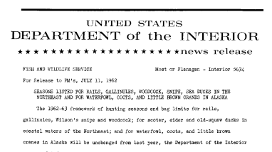 Seasons Listed for Rails, Gallinules, Woodcock, Snipe, Sea Ducks in the Northeast and for Waterfowl, Coots, and Little Brown Cranes in Alaska--July 11, 1962