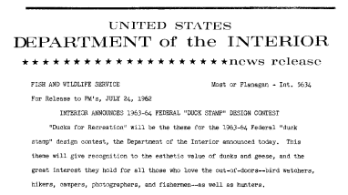 Interior Annouces 1963-64 Federal "Duck Stamp" Design Contest--July 24, 1962