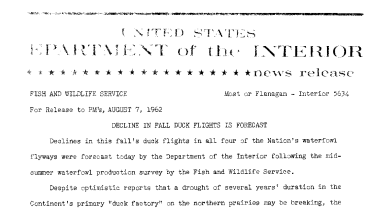 Decline in Fall Duck Flights Is Forecast--August 7, 1962