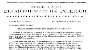 Wildlife Conservationists Honor Anniversary of Federal Act--Aaugust 8, 1962