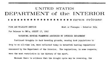 Waterfowl Hunting Framework Announced by Interior Department--August 17, 1962