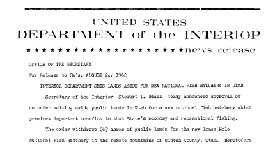 Interior Department Sets Land Aside for New National Fish Hatchery in Utah--August 24, 1962
