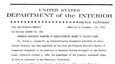 Inteerior Announces Transfer of Shell-Fisheries Expert to Pacific Coast--August 29, 1962