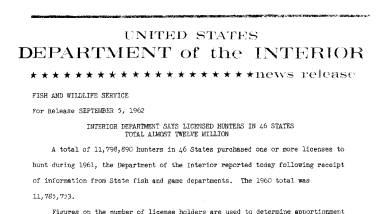 Interior Department Says Licensed Hunters in 46 States Total Almost Twelve Million--September 5, 1962
