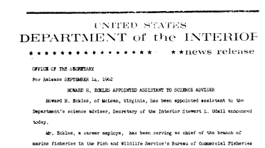 Howard H. Eckles Appointed Assistant of Science Advisor--September 14, 1962