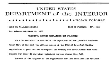 Waterfowl Hunting Regulation Now Available--September 29, 1962