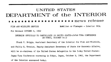 Interior Officials to Participate in United States-Japan Tuna Conference in Tokyo, October 9-13--October 6, 1962