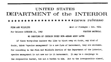 No Shooting of Certain Ducks Now--Means More Later--October 21, 1962