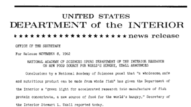 National Academy of Science Spurs Department of the Interior Research of New Food Source for World's Hungry, Udall Announces--November 8, 1962