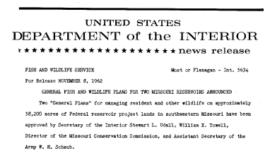 General Fish and Wildlife Plans for Two Missouri Reservoirs Announced--November 8, 1962
