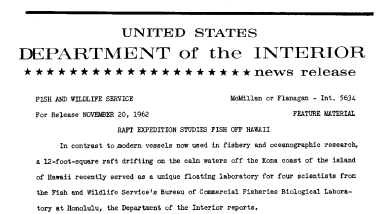 Raft Expedtion Studies Fish off Hawaii--November 20, 1962