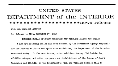 Interior Bureau of Sport Fisheries and Wildlife Adopts New Emblem--November 27, 1962