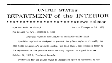 Interior Proposes Regulations to Safeguard Golden Eagle--December 7, 1962