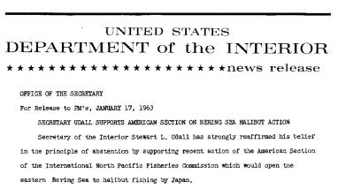 Secretary Udall Supports American Section on Bering Sea Halibut Action--January 17, 1963