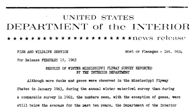 Results of Winter Mississippi Flyway Survey Reported by the Interior Department--February 15, 1963