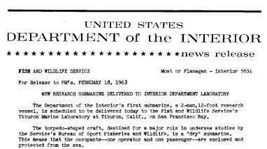 New Research Submarine Delivered to Interior Department Laboratory--February 18, 1963