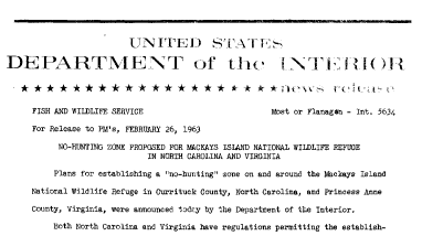 No-Hunting Zone Proposed for Mackays Island National Wildlife Refuge in Nirth Carolina and Virginia--February 26,1963
