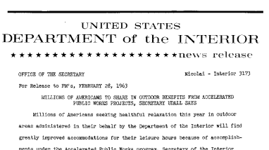 Millions of Americans to Share in Outdoor Benefits From Accelerated Public Works Projects, Secretary Udall Says--February 28, 1963