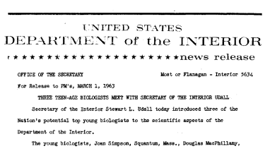 Three Teen-Age Biologists Meet With Secretary of the Interior Udall--March 1, 1963