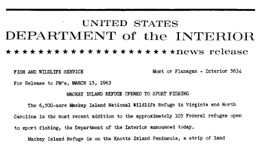 Mackay Island Refuge Opened to Sport Fishing--March 15, 1963
