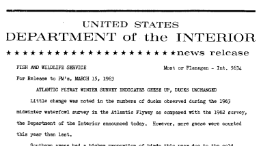 Atlantic Flyway Winter Survey Indicates Geese Up, Ducks Unchanged--March 15, 1963