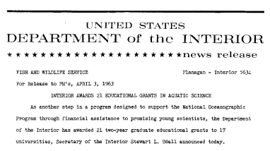 Interior Awards 21 Educational Grants in Aquatic Science--April 3, 1963