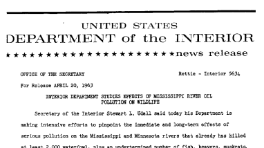 Interior Department Studies Effects of Mississippi River Oil Pollution on Wildlife--April 20, 1963
