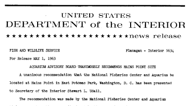 Aquarium Advisory Board Unanimously Recommends Hains Point Site--May 1, 1963