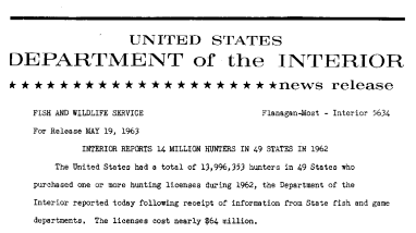 Interior Reports 14 Million Hunters in 49 States in 1962--May 19, 1963