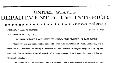Interior Reports Plans Ready for Aerial Fish Planting in Lake Powell--May 19, 1963