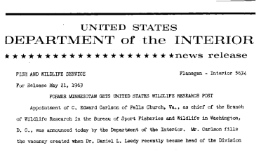 Former Minnesotan Gets United States Wildlife Research Post--May 21, 1963