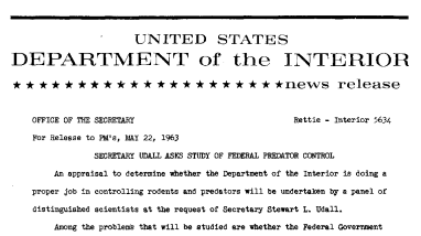 Secretary Udall Asks Study of Federal Predator Control May 22, 1963