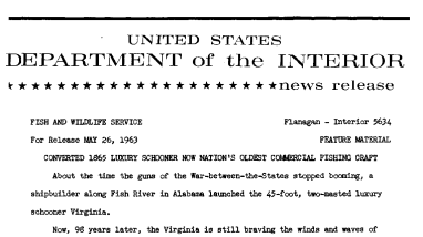 Converted 1865 Luxury Schooner Now Nation's Oldest Commercial Fishing Craft--May 26, 1963
