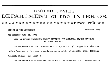 Interior Favors Increased Shared Revenues for Counties Having National Wildlife Refuges--June 13, 1963