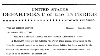 Wisconsin Firm Gets Conract for New Interior Oceanographic Vessel--July 2, 1963