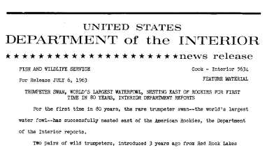 Trumpeter Swan, World's Largest Waterfowl Nesting East of the Rockies for First Time in 80 Years, Interior Department Reports--July 6, 1963