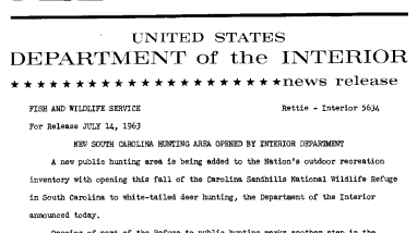 New South Carolina Hunting Area Opened by Interior Department--July 14, 1963