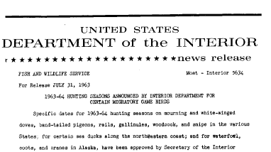 1963-64 Hunting Seasons Announced by Interior Department for Certain Migratory Game Birds--July 31, 1963