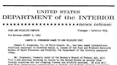 Samuel E. Jorgensen Named to New Wildlife Post--August 9, 1963
