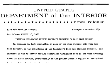 Interior Department Expects Moderate Increase in Fall Duck Flights--August 10, 1963
